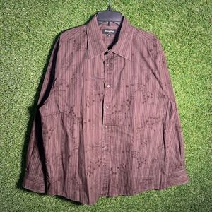 Eighty Eight Platinum Mens XL Brown Pinstripe Embroidered Long Sleeve Shirt